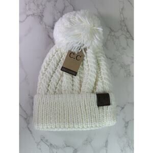 C.C Unisex Classic Solid Color Ribbed Cable Knit Pom Beanie Women White Ivory